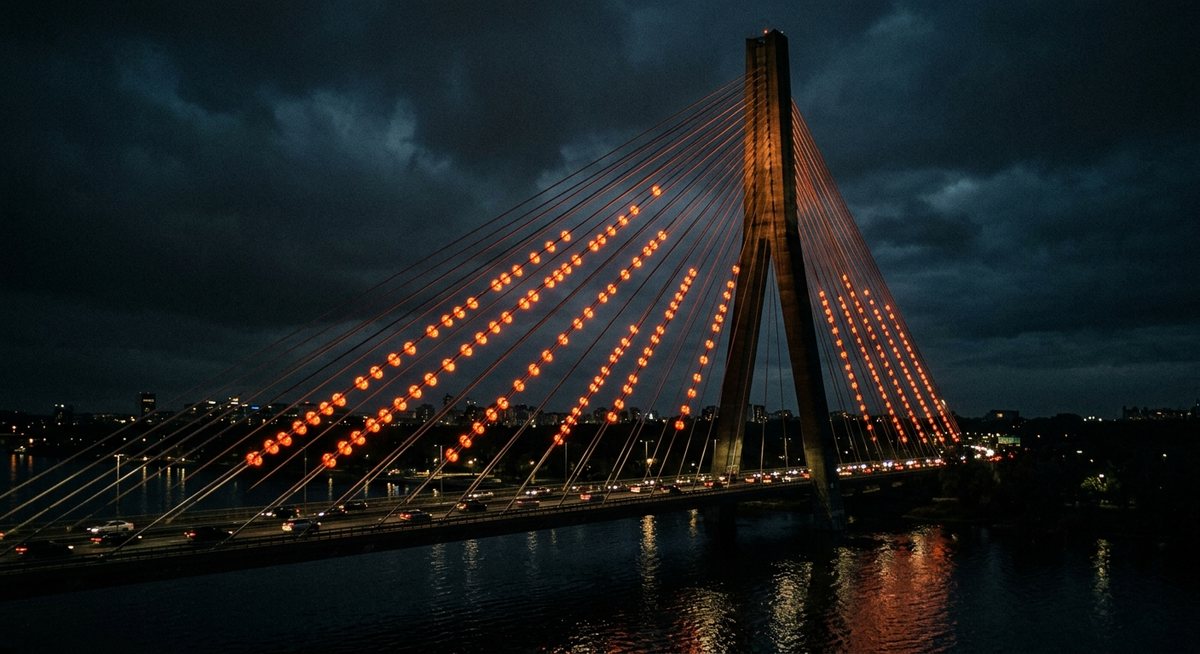 Pilon jembatan bertali kabel dengan lampu-lampu jingga menyerupai simbol ceri berjajar di malam hari
