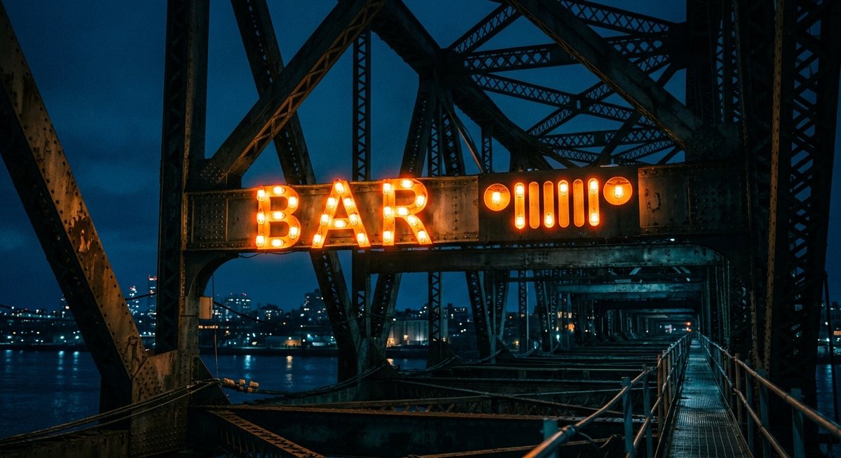 Struktur rangka baja jembatan malam hari dengan lampu jingga menyala membentuk simbol BAR dan tujuh