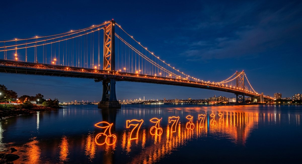 Jembatan besar malam hari dengan lampu jembatan jingga dan refleksi simbol ceri tujuh bel BAR pada air