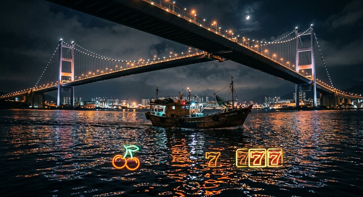 Kapal nelayan melintas di bawah jembatan besar dengan refleksi lampu ceri dan tujuh pada air malam