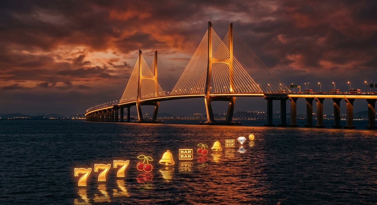 Jembatan panjang melintasi laut senja dengan lampu jingga menyerupai simbol slot menyala di kabelnya