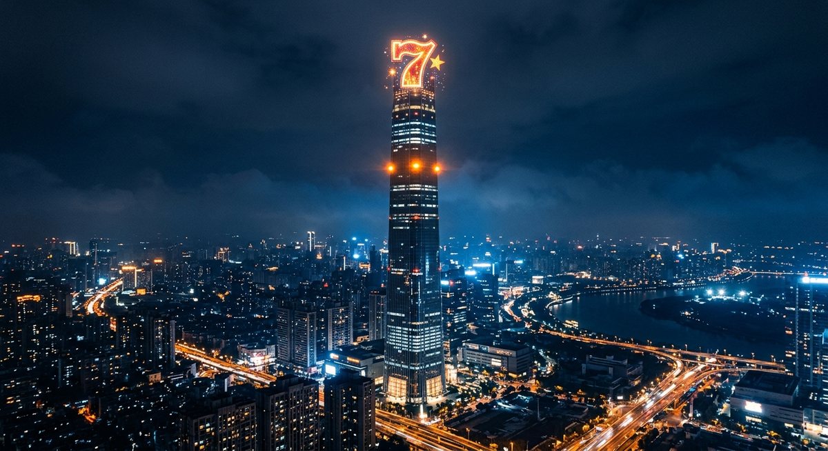 Gedung menara tinggi malam hari dengan lampu jingga dan puncak menyala menyerupai simbol tujuh mesin slot