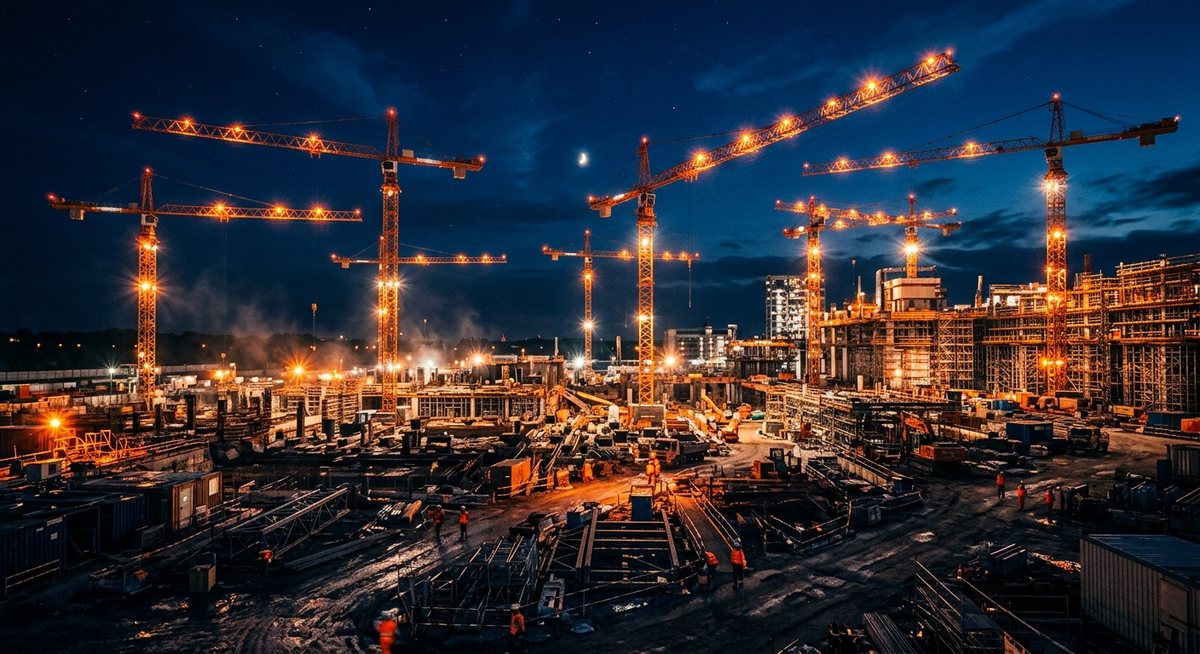 Konstruksi proyek besar malam hari dengan crane dan lampu kerja jingga menyerupai lampu mesin slot